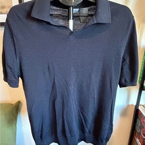 REISS Men’s 100% Merino Wool Polo Sweater – Black – XL – Short Sleeve Knit